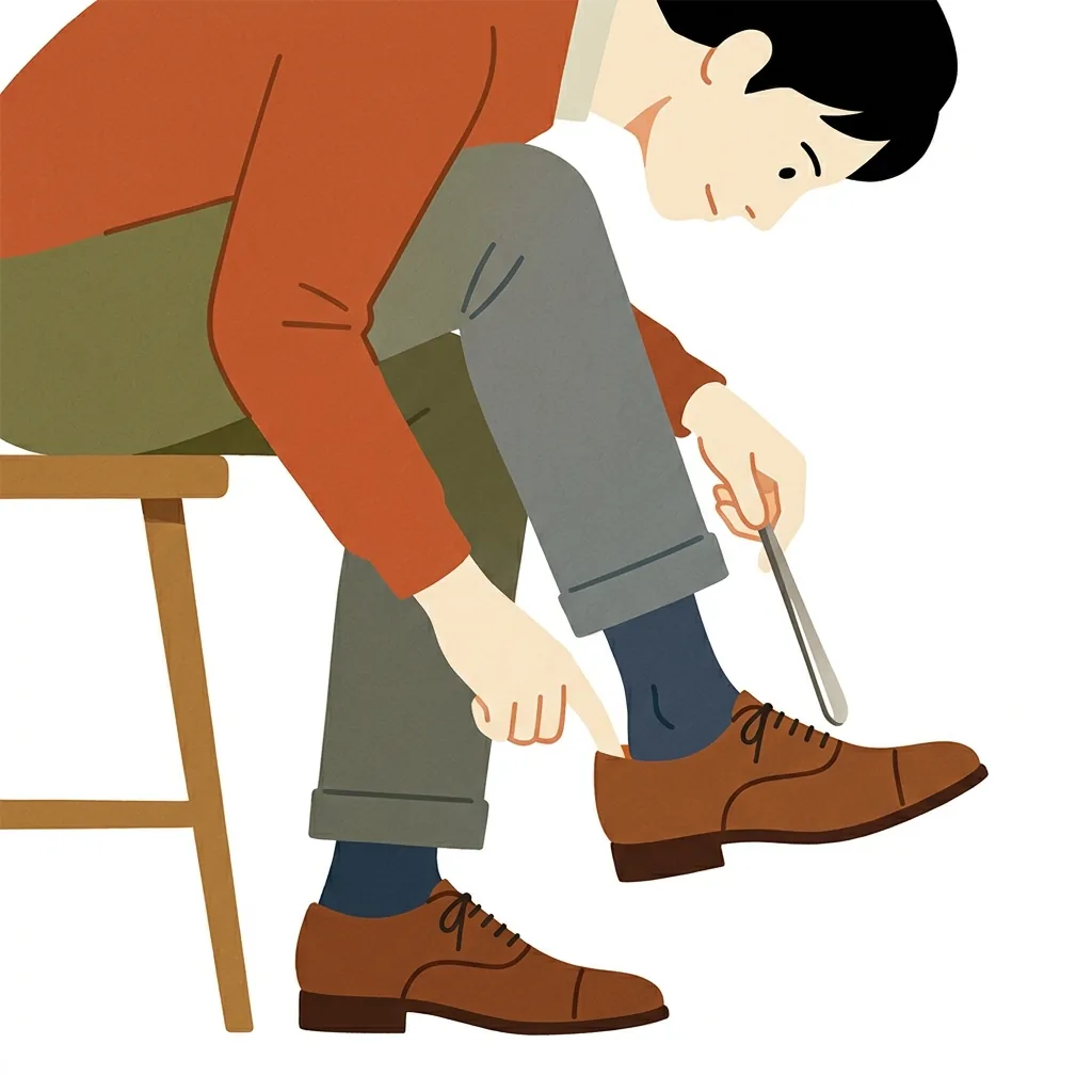 靴べらを使って革靴のかかとのフィット感を確認しているイラスト