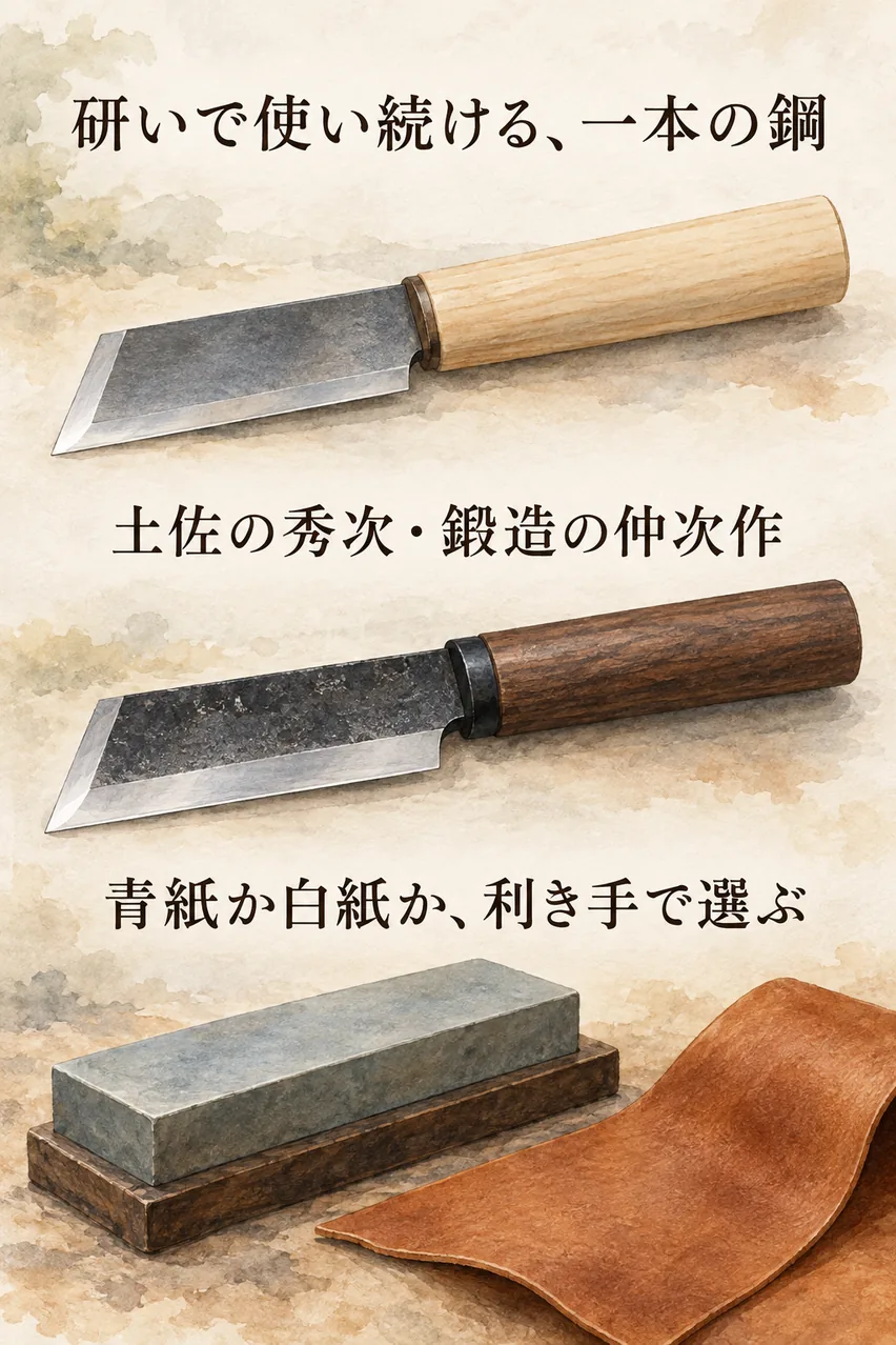 朴の柄の革包丁、鍛造の革包丁、砥石と革を縦に並べたまとめイラスト