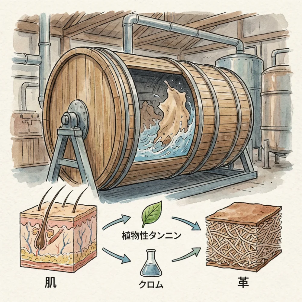 植物の樹皮から抽出したタンニン液と、ドラムで回る革なめしの工程のイラスト