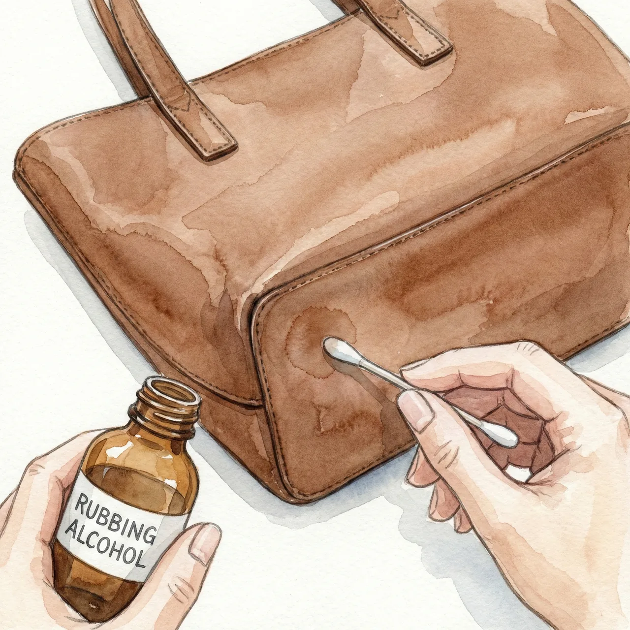 革の目立たない部分に綿棒でアルコールを塗り、パッチテストをしているイラスト