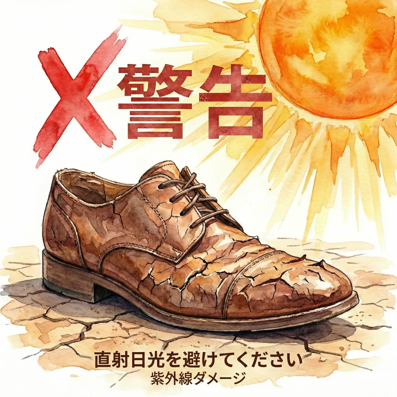 直射日光に当てられた革靴がひび割れて劣化している様子と、警告マークのイラスト