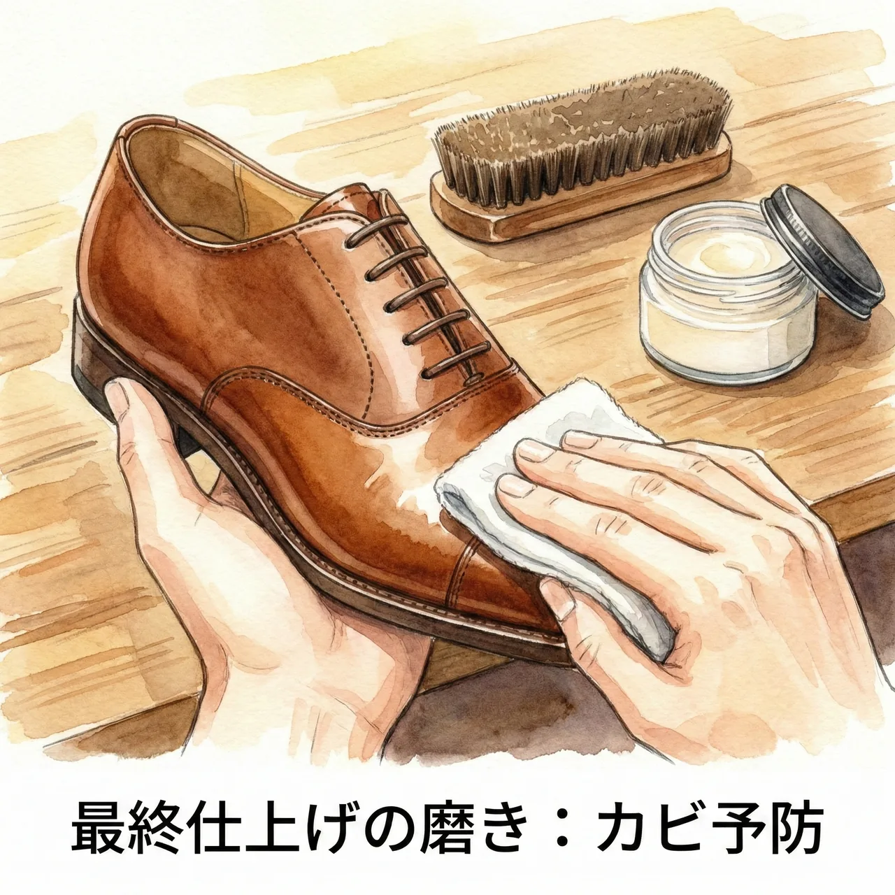 革靴にクリームを塗った後、しっかりと布で乾拭きをして余分な油を取っているイラスト