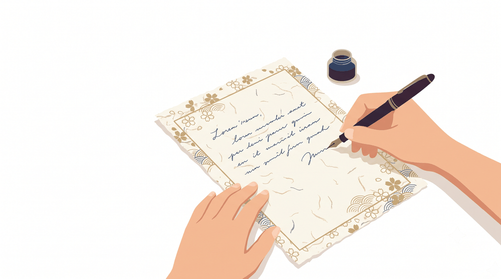 越前和紙や美濃和紙の美しい便箋に、万年筆で手紙を書くイメージイラスト