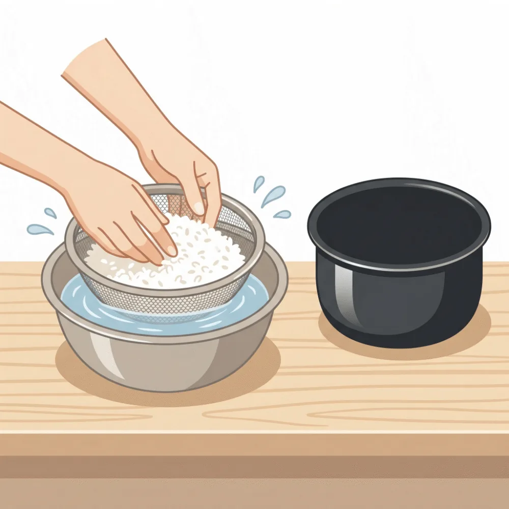炊飯器の内釜ではなく、専用のザルとボウルでお米を優しく研いでいるイラスト