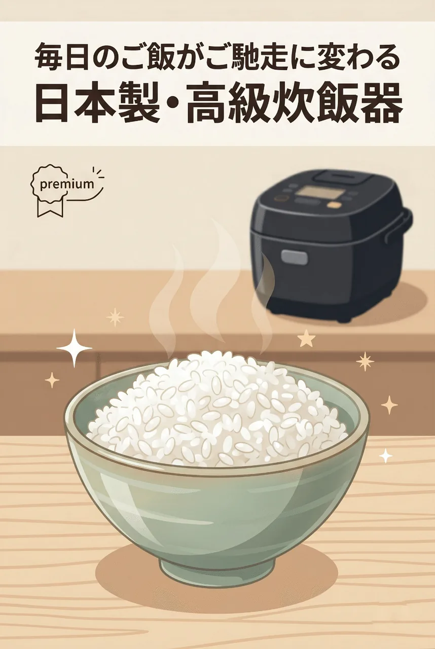 湯気が立ち上るツヤツヤのご飯が盛られたお茶碗と、奥に見えるスタイリッシュな高級炊飯器の縦長インフォグラフィック