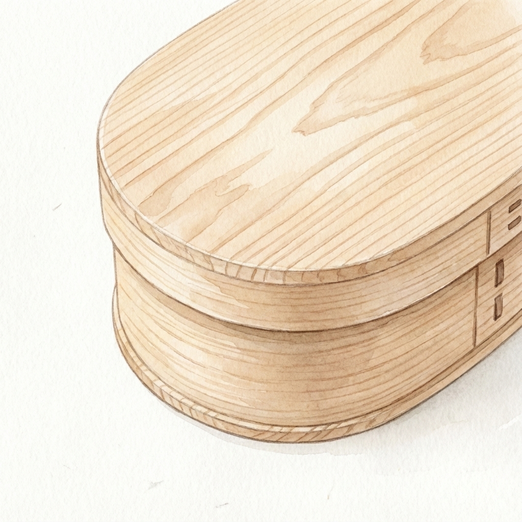 白木の曲げわっぱの質感と木目のアップイメージイラスト