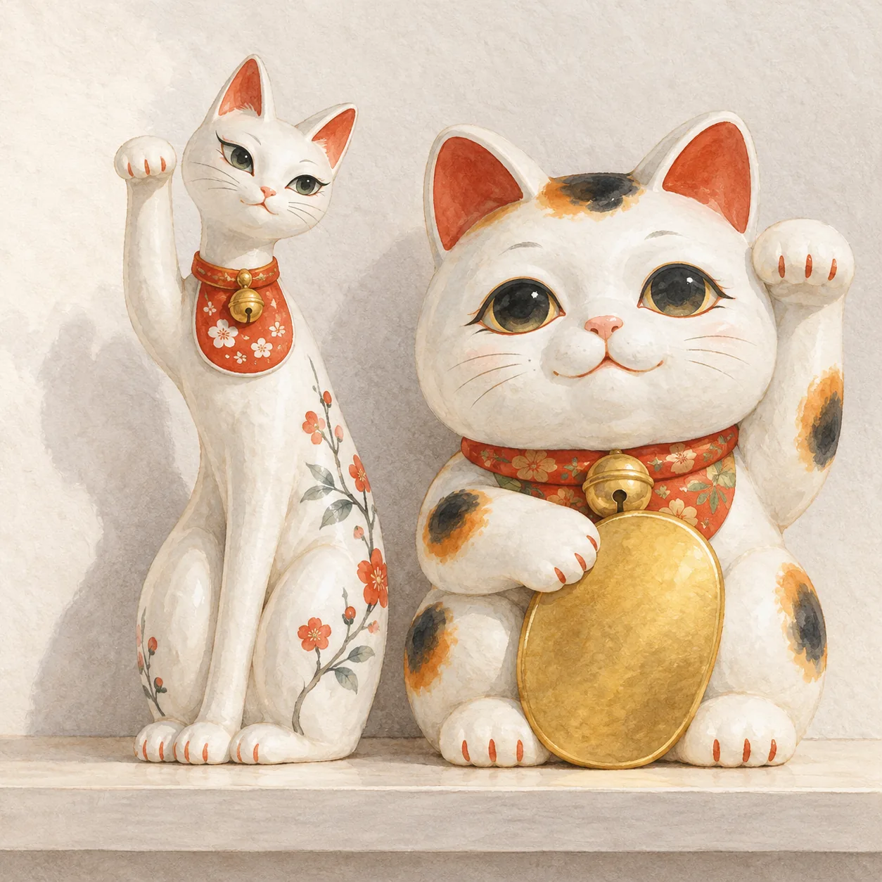 すらりとした細身の招き猫と、丸い顔に大きな目の二頭身の招き猫が並んで座っている水彩イラスト