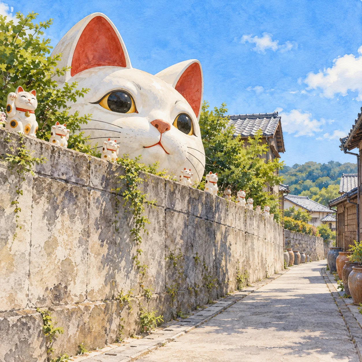 コンクリートの壁の上から、大きな丸顔の招き猫が顔をのぞかせている町の風景を描いた水彩イラスト