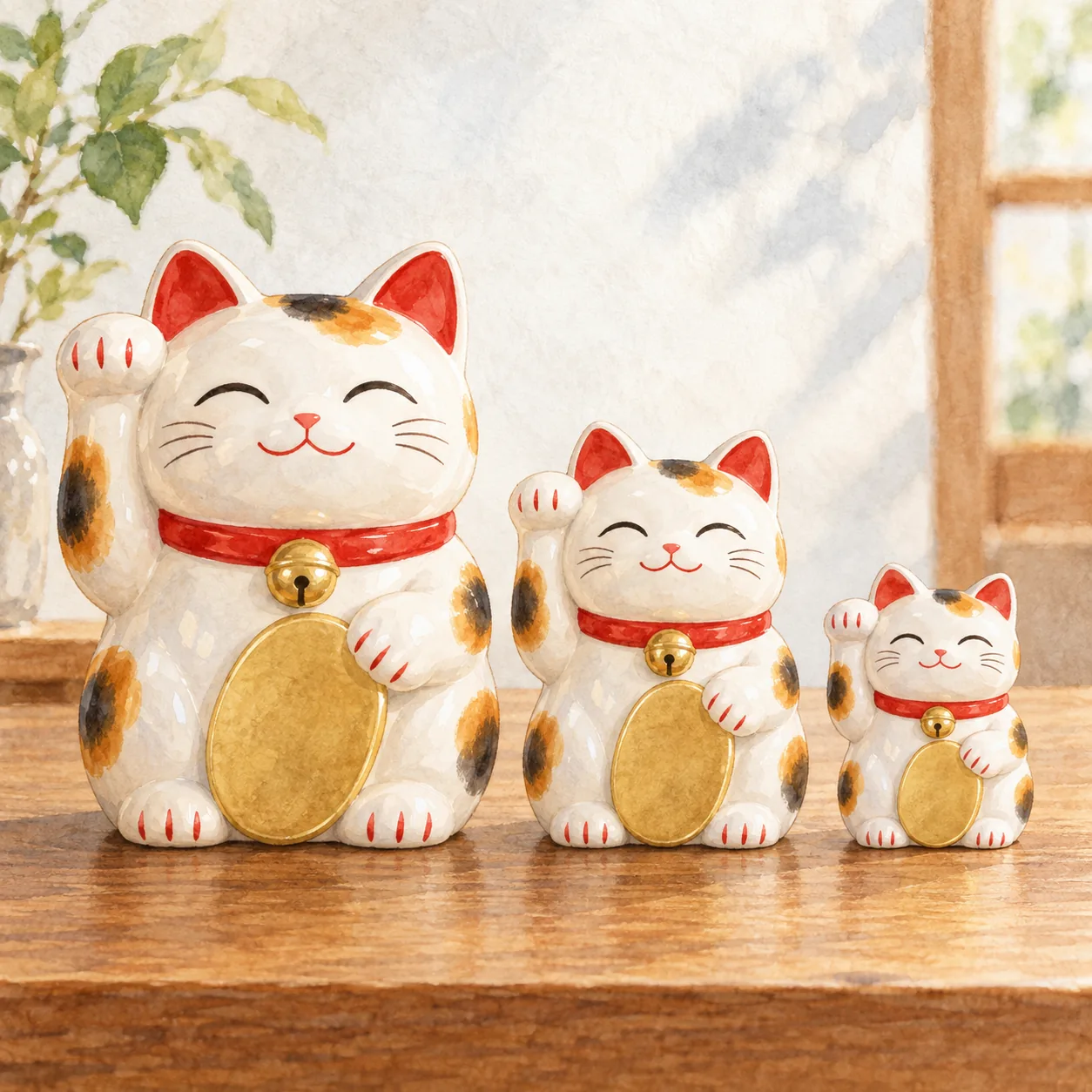 大中小三体の招き猫が背の順に並び、大きさの違いがわかるように描いた水彩イラスト