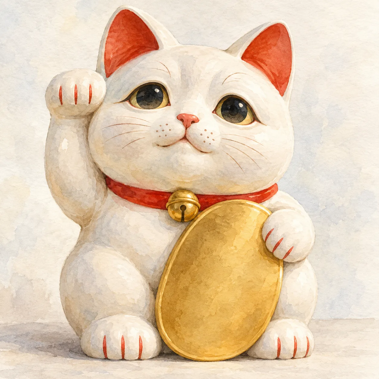 丸い顔に大きな垂れ目、大きな小判を抱えて右手を挙げた白い二頭身の招き猫を描いた水彩イラスト