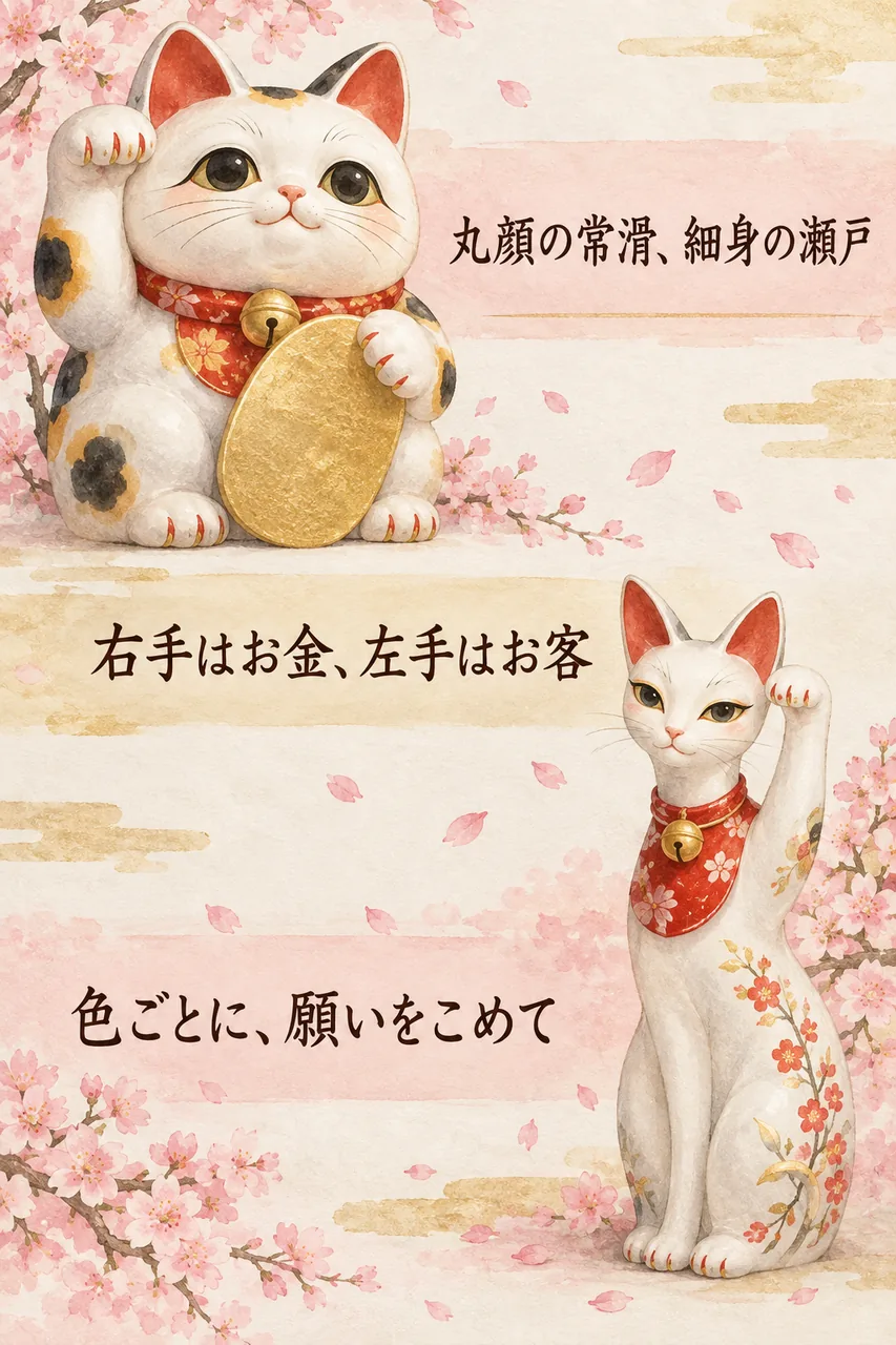 丸顔の常滑の招き猫と、細身の瀬戸の招き猫を上下に並べた、招き猫のまとめイラスト