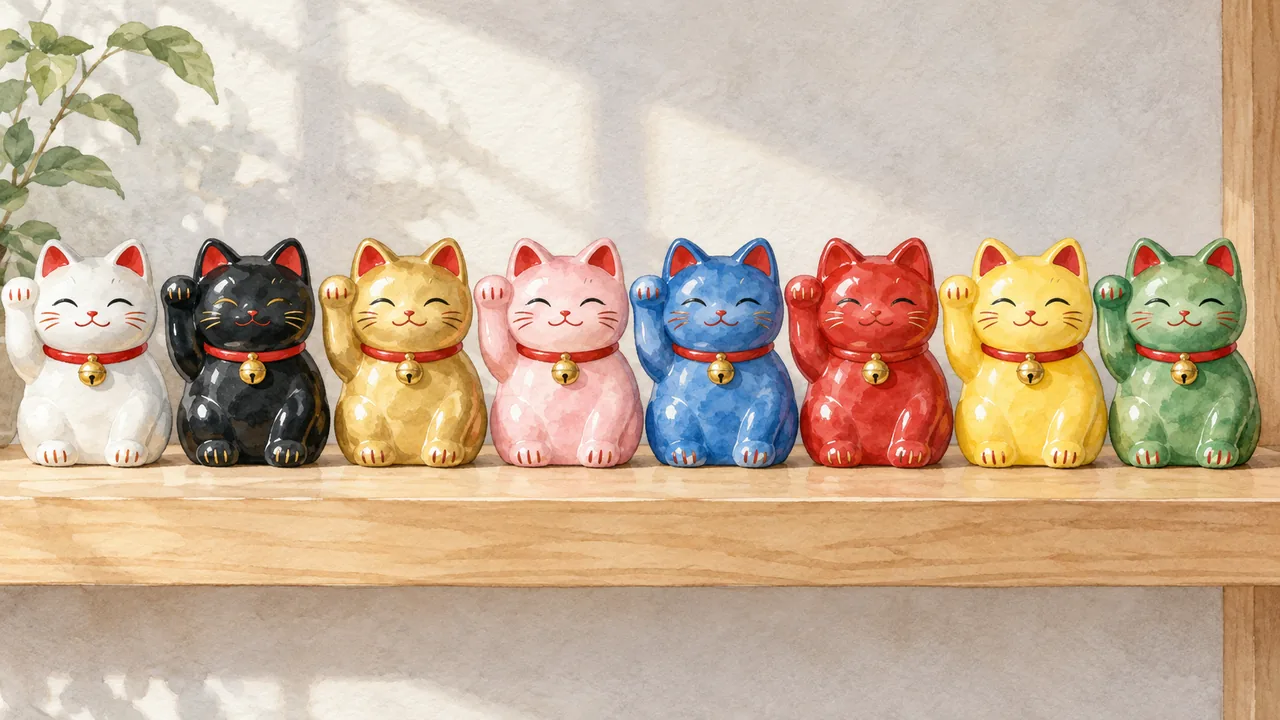白、黒、金、桜色、青、赤、黄、緑の小さな招き猫が一列に並んでいる水彩イラスト