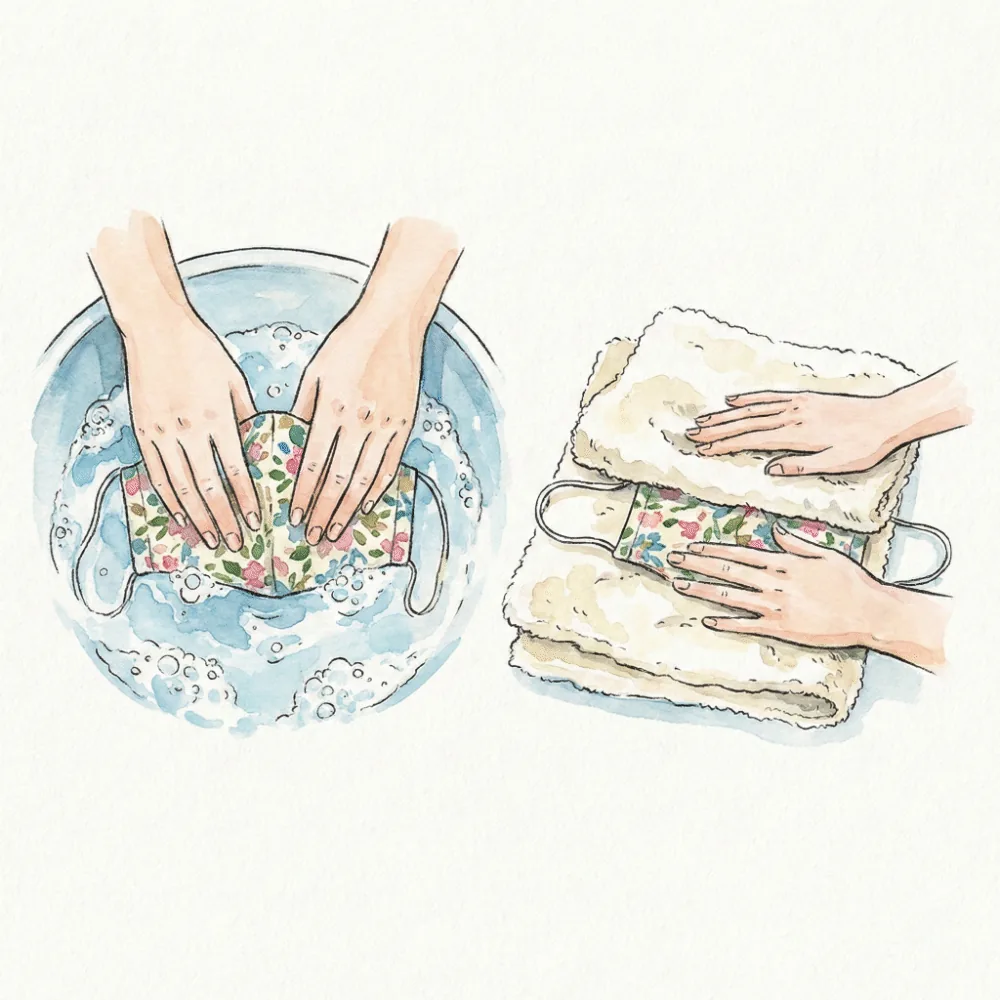 洗面器でマスクを優しく手洗いし、タオルに挟んで水気を取っているイラスト