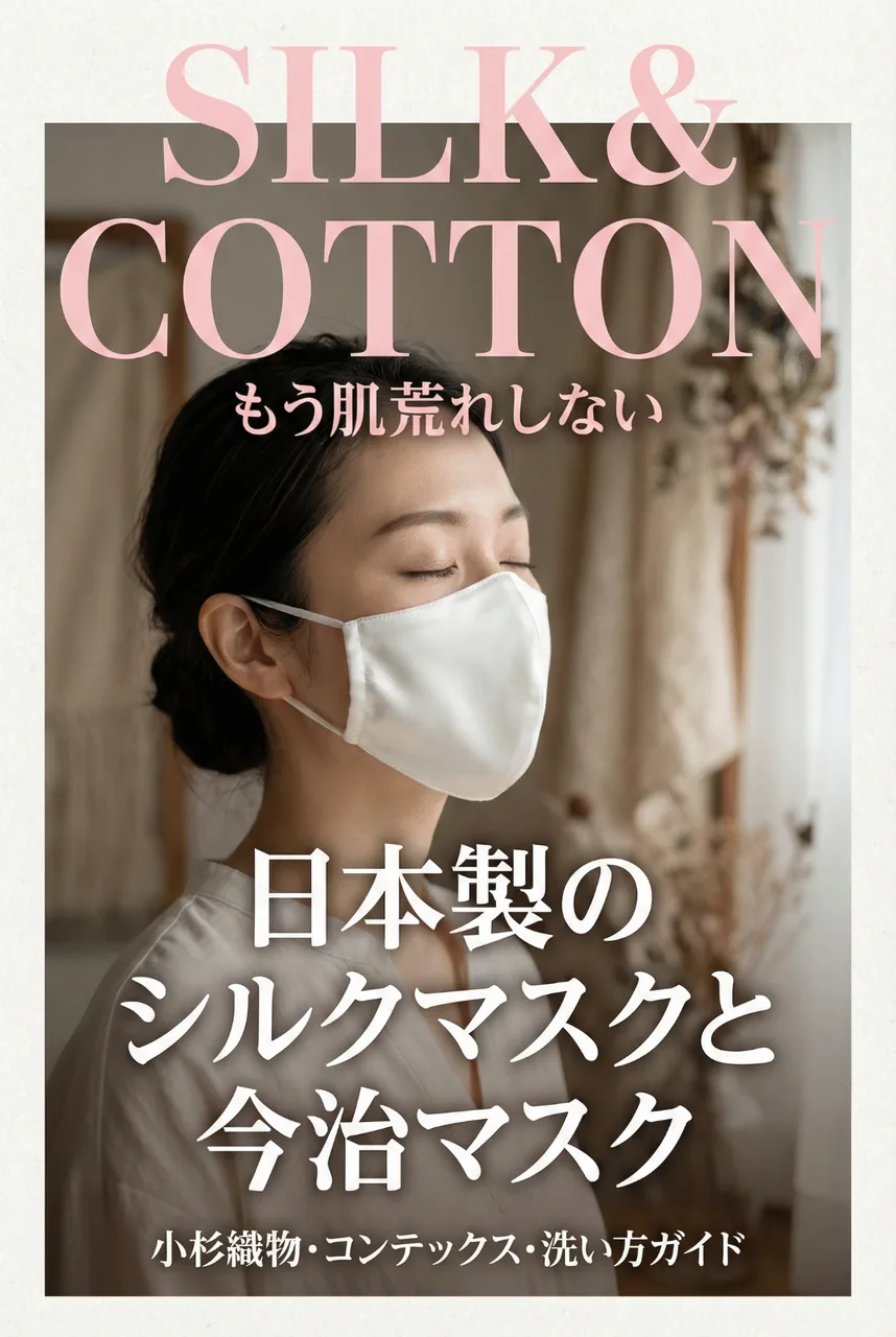 ドレッサーの前で、シルクのマスクをつけた女性が鏡を見て微笑んでいる、清潔感のあるシーン