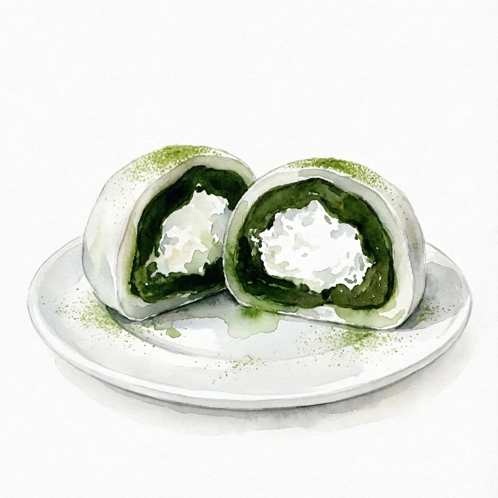 断面から抹茶餡と生クリームが見える美味しそうな抹茶大福のイラスト