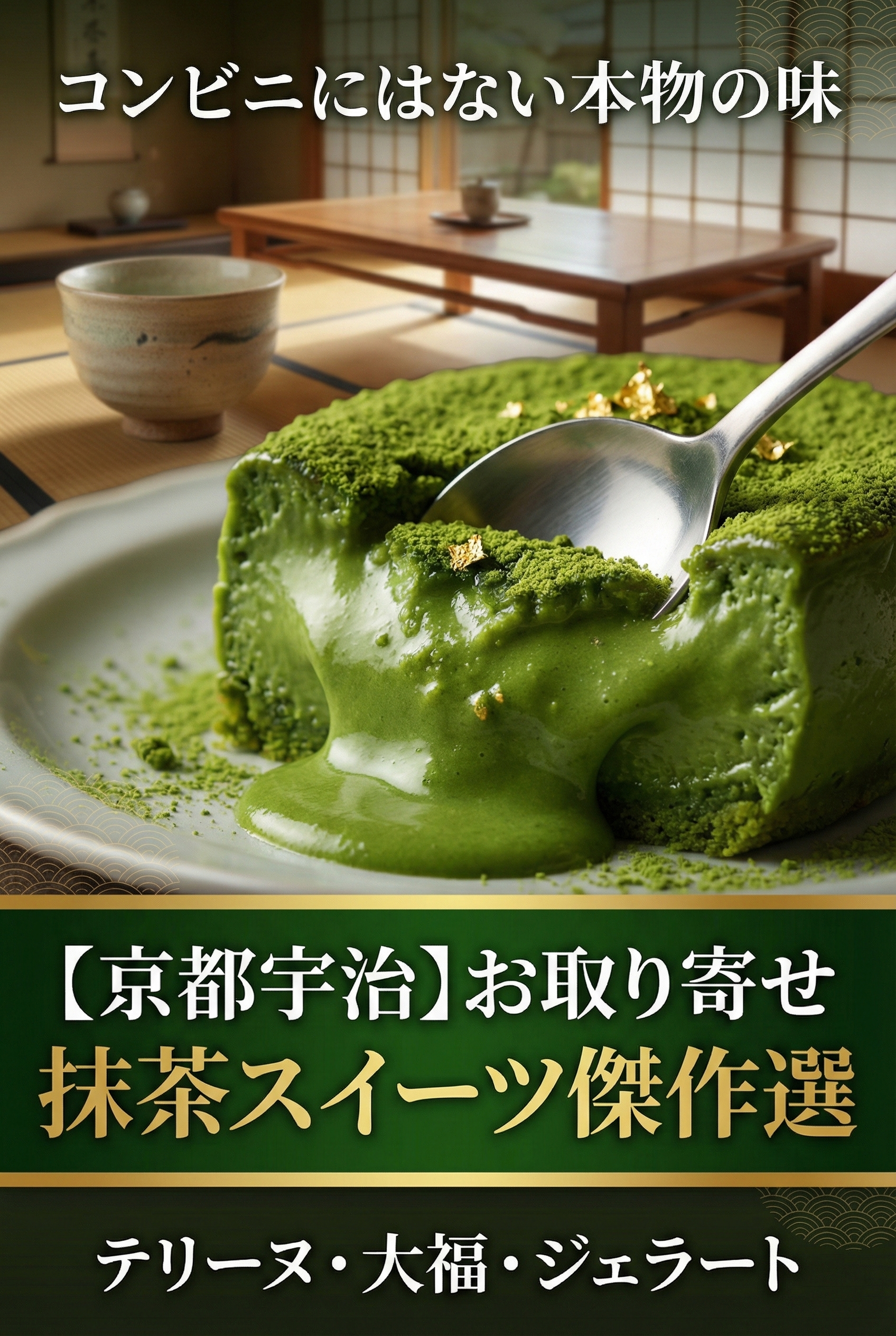 テーブルに並べられた抹茶テリーヌとお茶を楽しむティータイムの様子