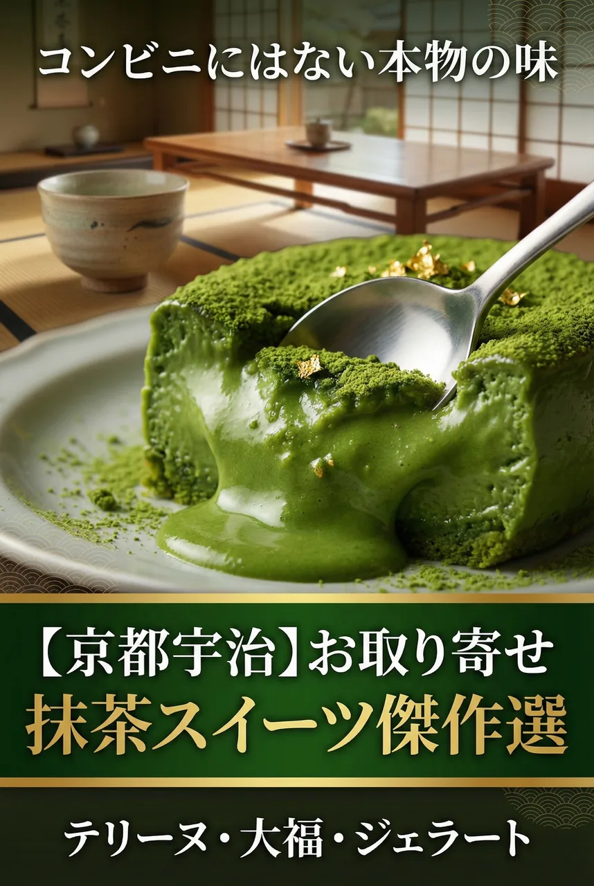 テーブルに並べられた抹茶テリーヌとお茶を楽しむティータイムの様子