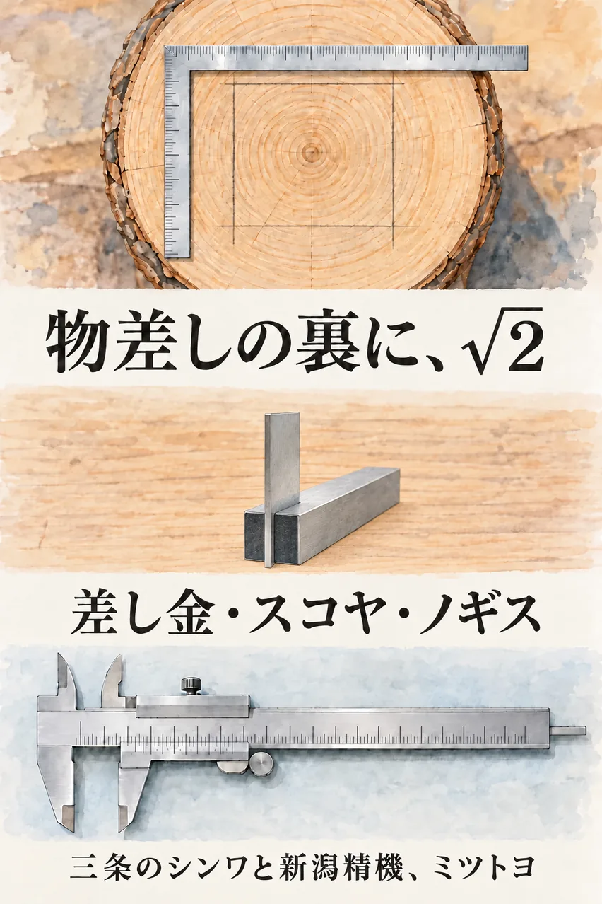 差し金、台付の直角定規、ノギスを縦に並べたまとめイラスト