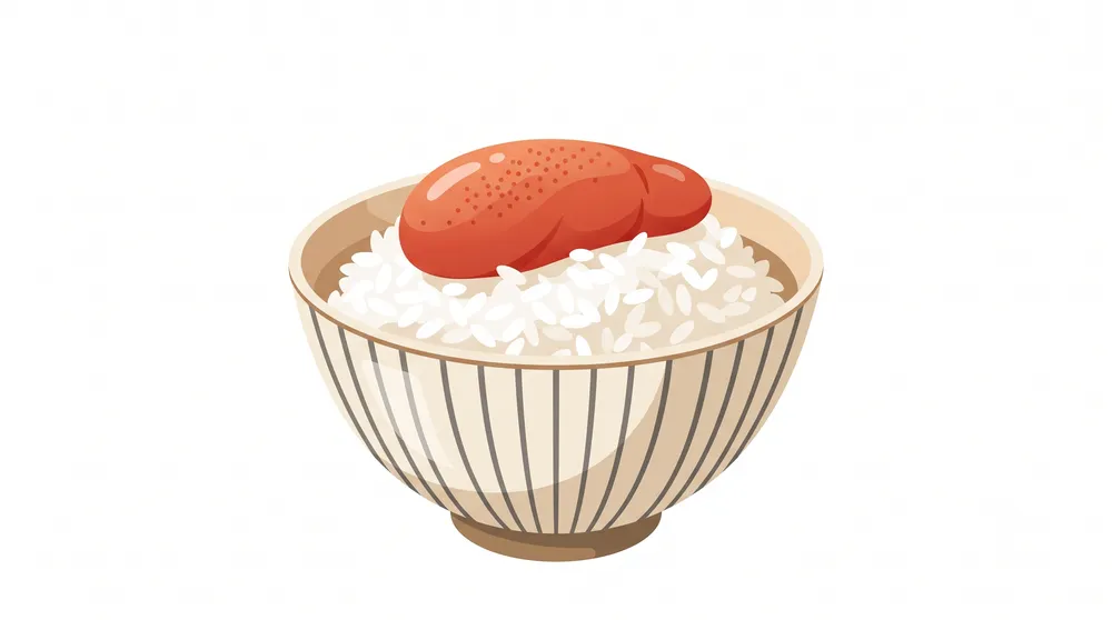 炊きたての白いご飯にのせた博多の無着色辛子明太子のイメージイラスト