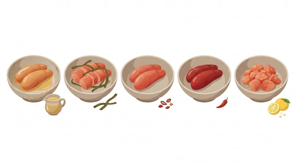 辛さの違い、だし漬け・昆布漬け・柚子風味など味付けの異なる明太子を並べたイラスト
