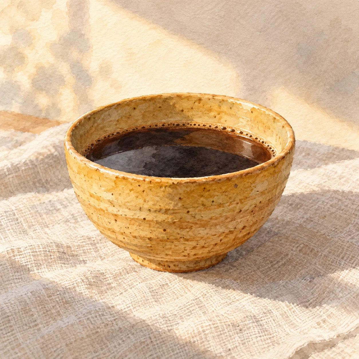 落ち着いた黄色の釉に、ろくろの筋がうっすら浮かぶ小ぶりの碗に、コーヒーが注がれている水彩イラスト