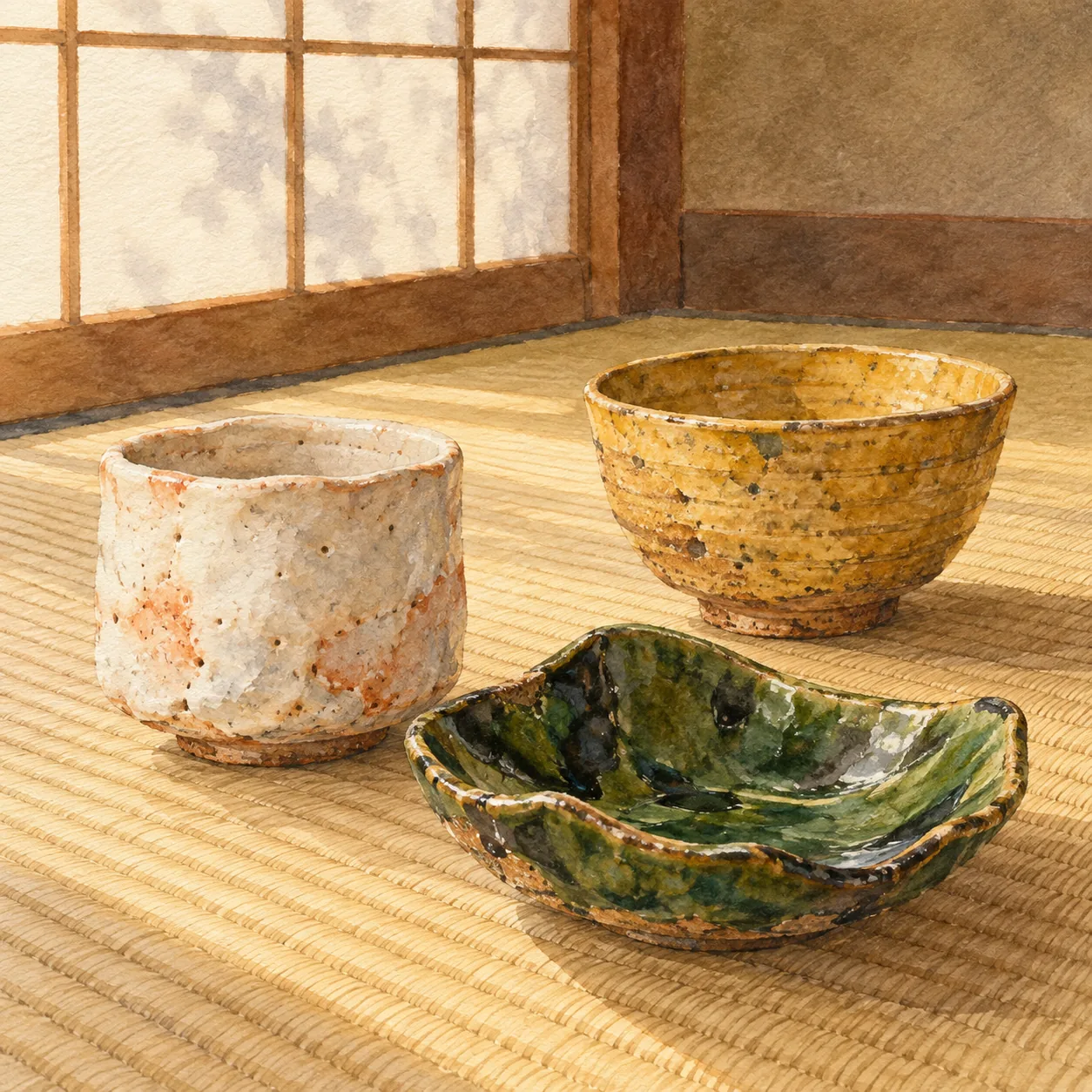 白い志野の湯呑、緑の織部の皿、黄色い黄瀬戸の碗が、茶室の畳の上に並んでいる水彩イラスト