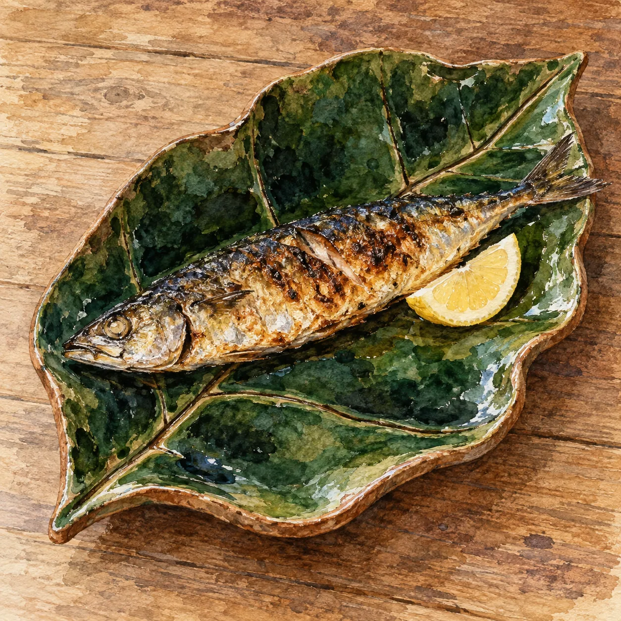深い緑の釉が溜まった木の葉の形の陶器の皿に、焼き魚が盛られている水彩イラスト