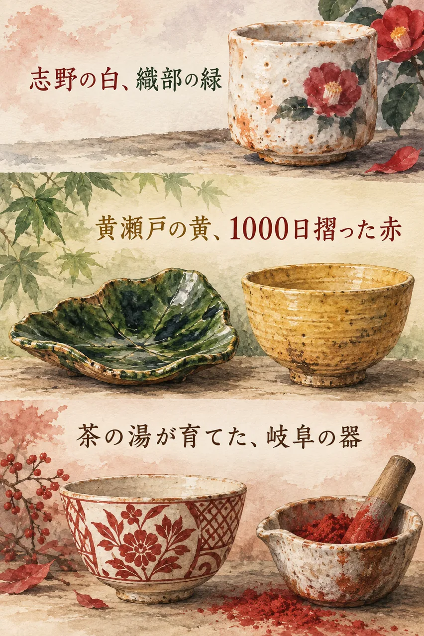 白い志野の湯呑、緑の織部の皿、黄瀬戸の碗、赤絵の茶碗を縦に並べた、美濃焼のまとめイラスト