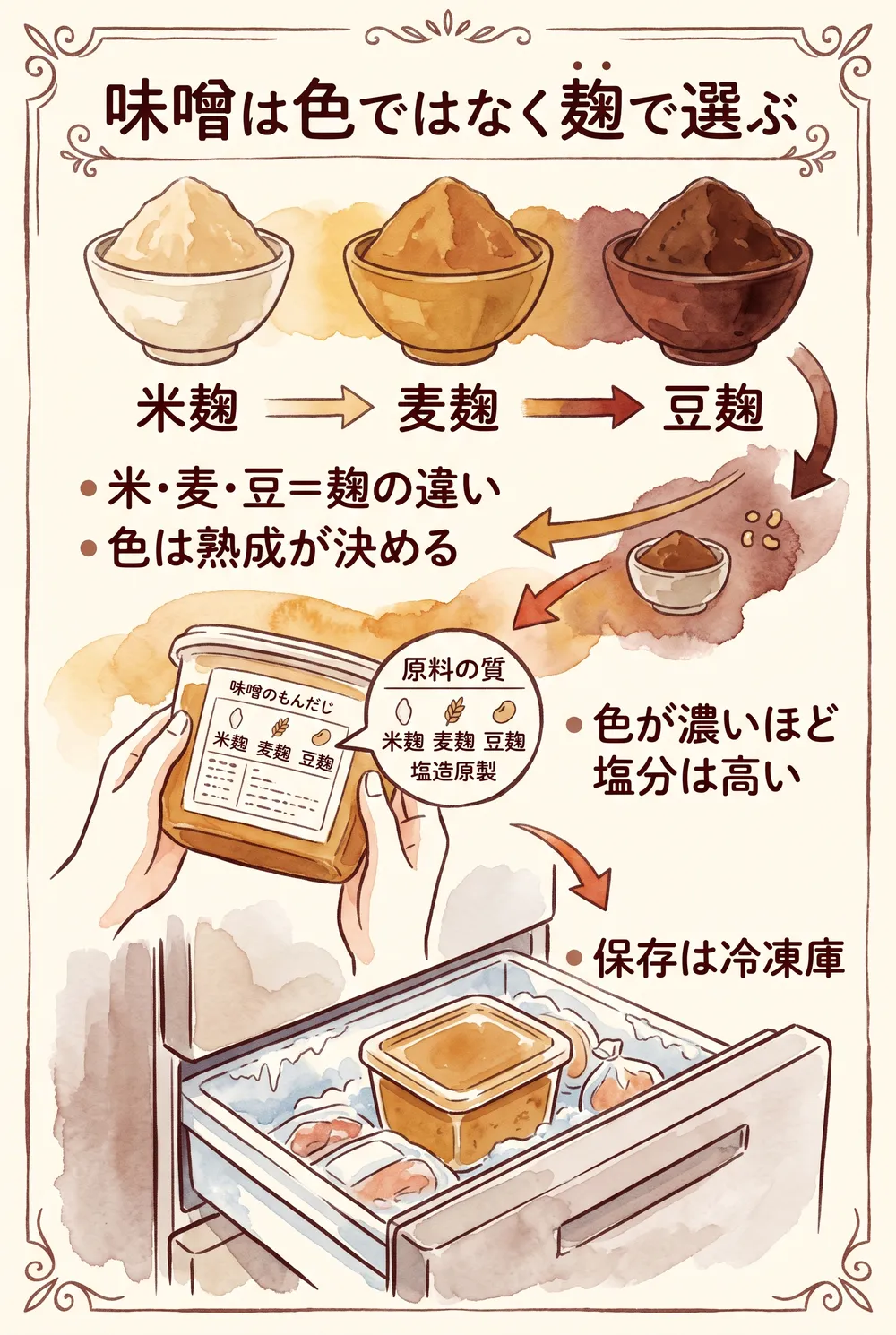 米・麦・豆の味噌の違いと麹歩合・保存方法をまとめたインフォグラフィック