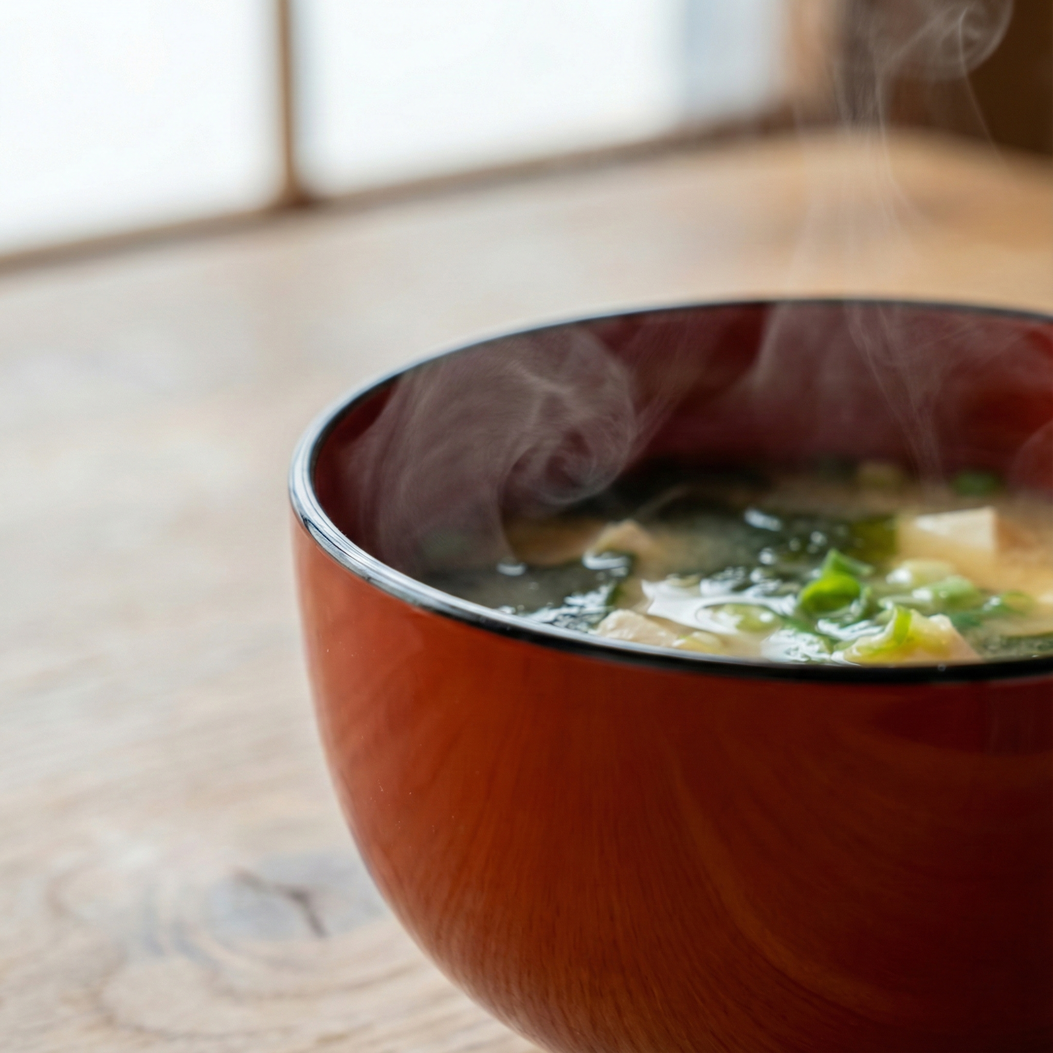 湯気の立つ味噌汁が入った漆の汁椀
