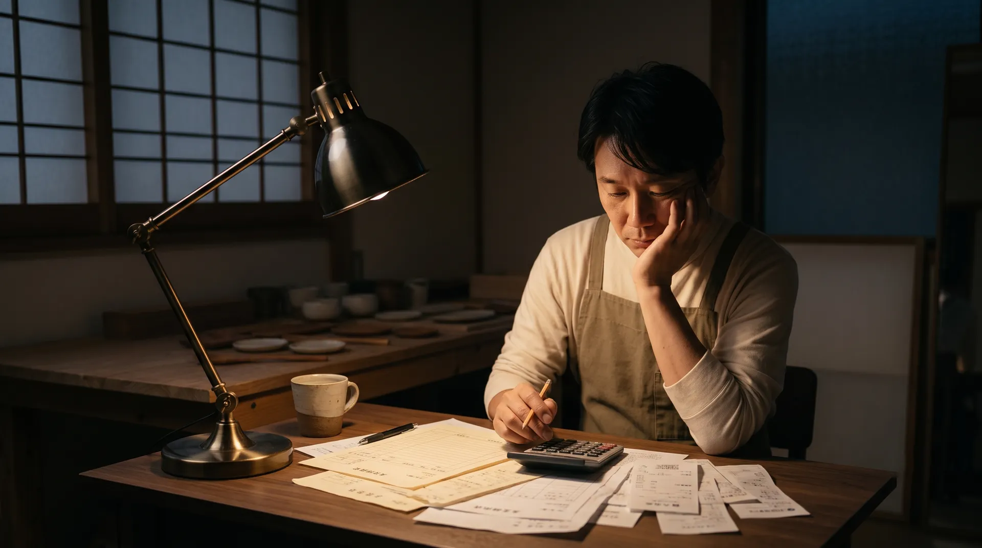 夜の工房で、ものづくりの手を止めて請求書づくりに向かう作り手のイメージ