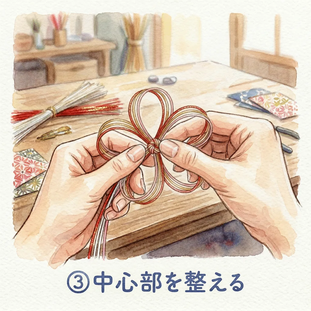 梅結び手順③：5枚の花びらが均等になるよう中心部を整える
