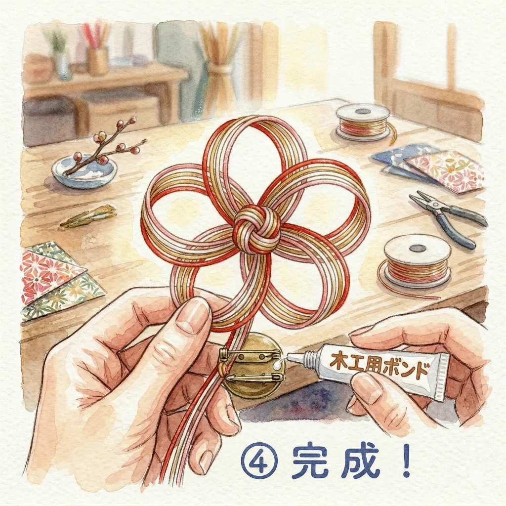 梅結び手順④：端をボンドで固定しブローチ金具に取り付けて完成