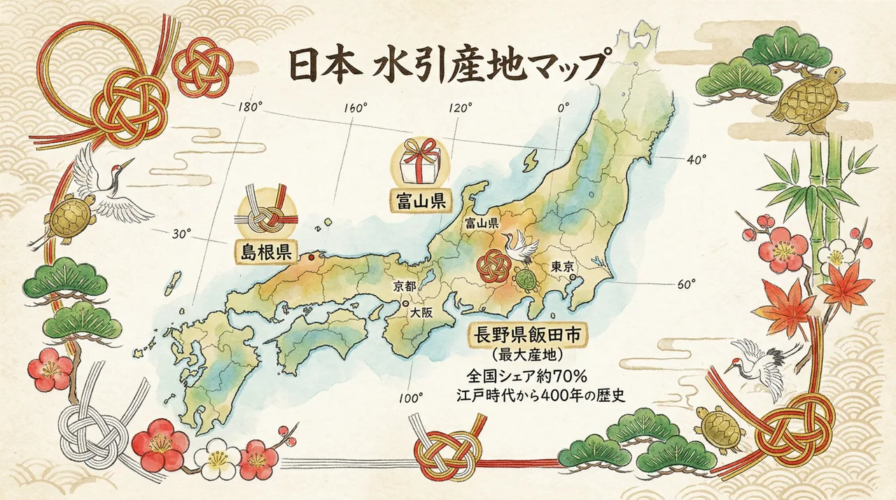 日本地図上に水引の主要産地を示した産地マップ。長野県飯田市（全国シェア約70%）・島根県・富山県