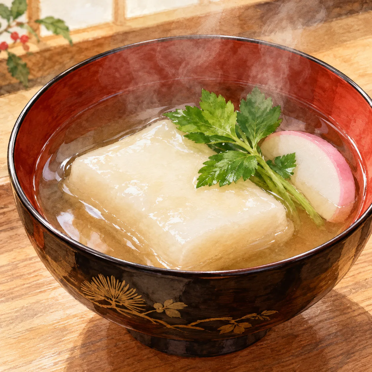 澄んだお雑煮の椀の中で、白くなめらかな角餅がやわらかくふくらんでいる様子を描いた水彩イラスト