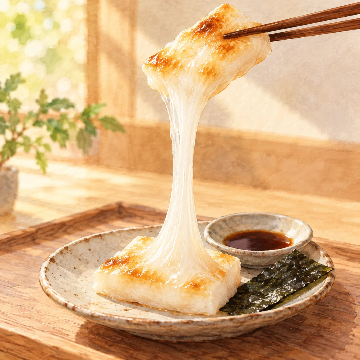 こんがり焼けた四角い切り餅が、箸で持ち上げられて長く伸びている様子を描いた水彩イラスト