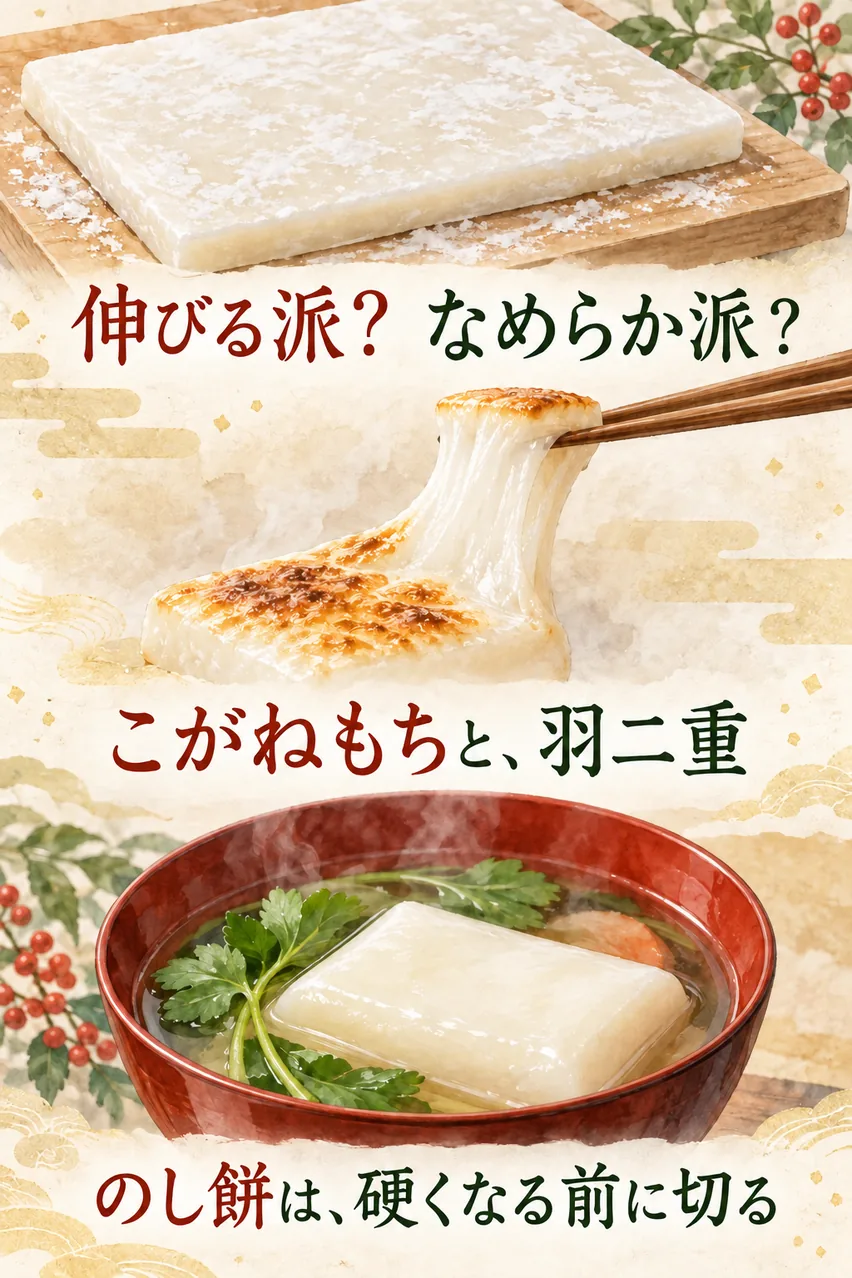 大きなのし餅、よく伸びる焼き餅、お雑煮の椀のなめらかな餅を縦に並べた、お餅のまとめイラスト