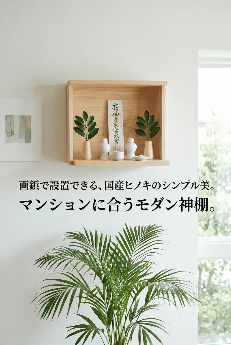 鳥居と美しい神棚、差し込む日の光を描いた厳かな縦長デザイン