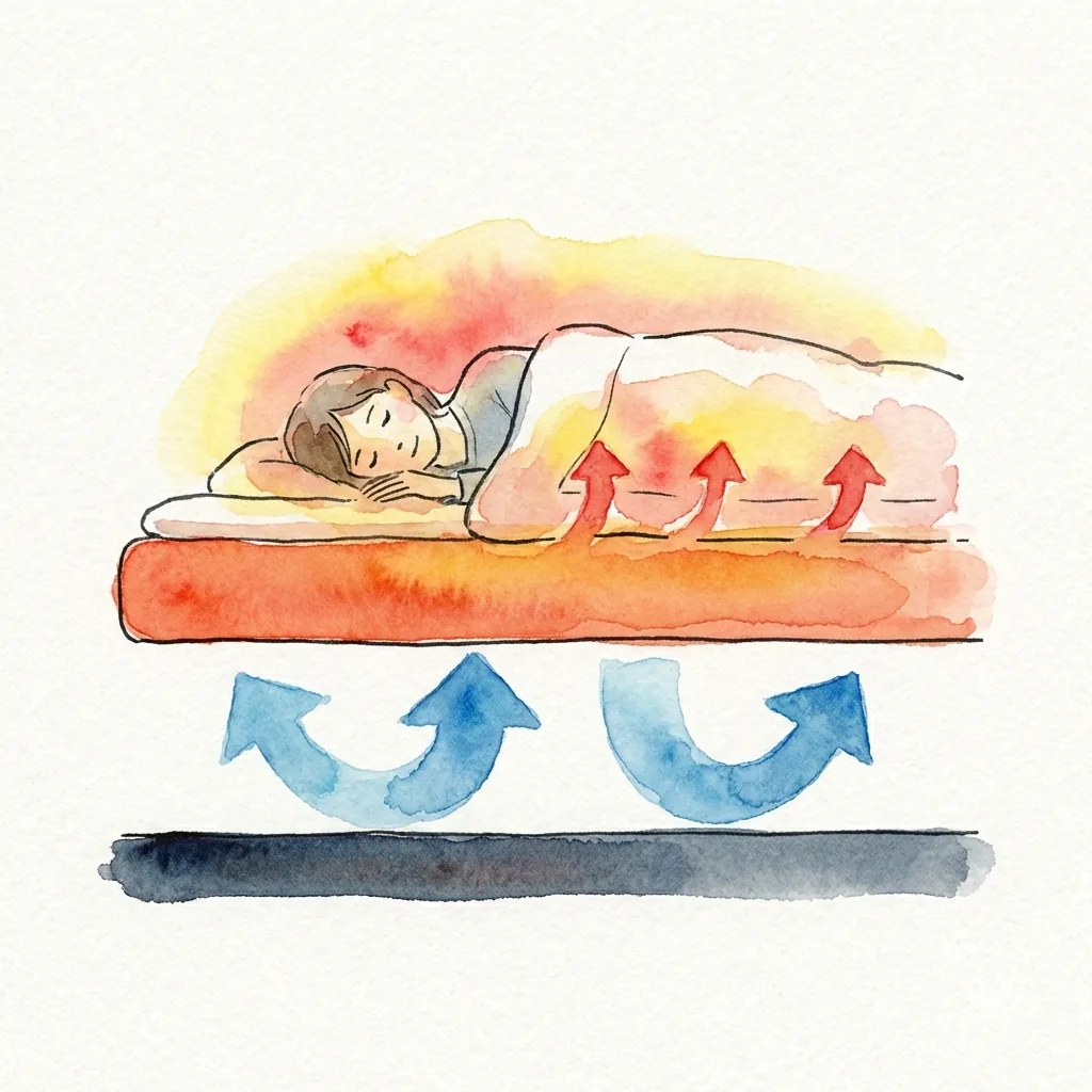 床からの冷気を遮断し、背中の熱を逃さない敷きパッドの効果を示すイラスト