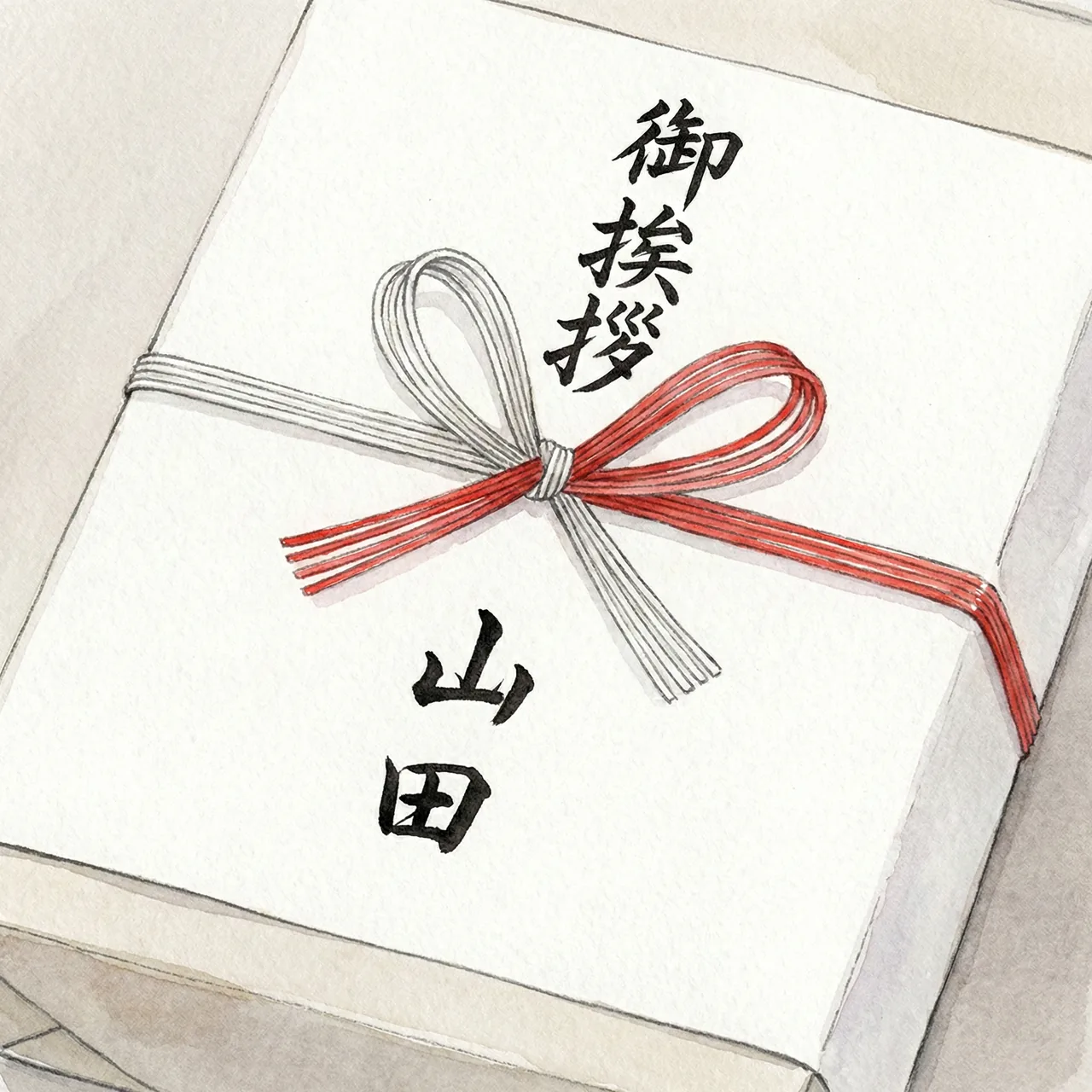 引っ越し挨拶用の『外のし』の例。水引は蝶結び、表書きは『御挨拶』と苗字が書かれているイラスト