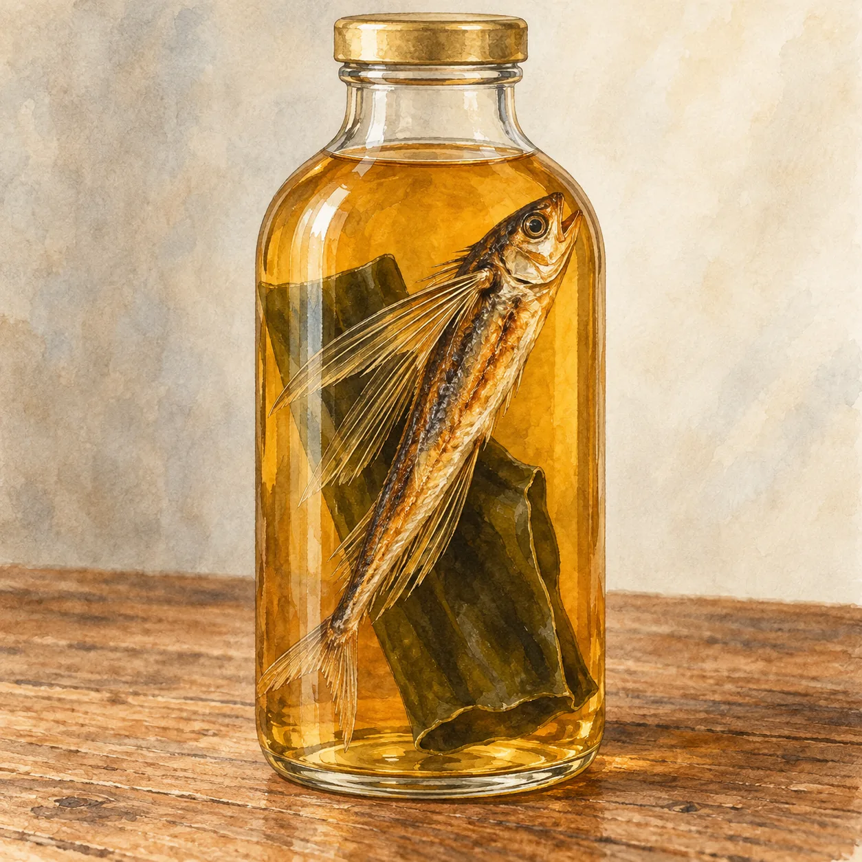 琥珀色のつゆが入ったガラス瓶の中に、こんがり焼いた飛魚が1尾と昆布が浸かっている水彩イラスト
