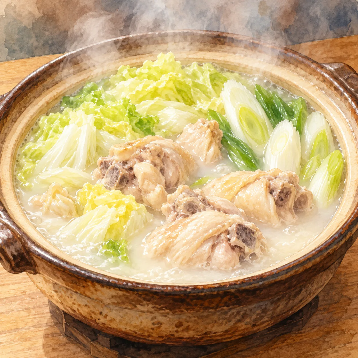 白く濁った鶏のスープの鍋に、骨付きの鶏肉とキャベツ、ねぎが煮えている水彩イラスト