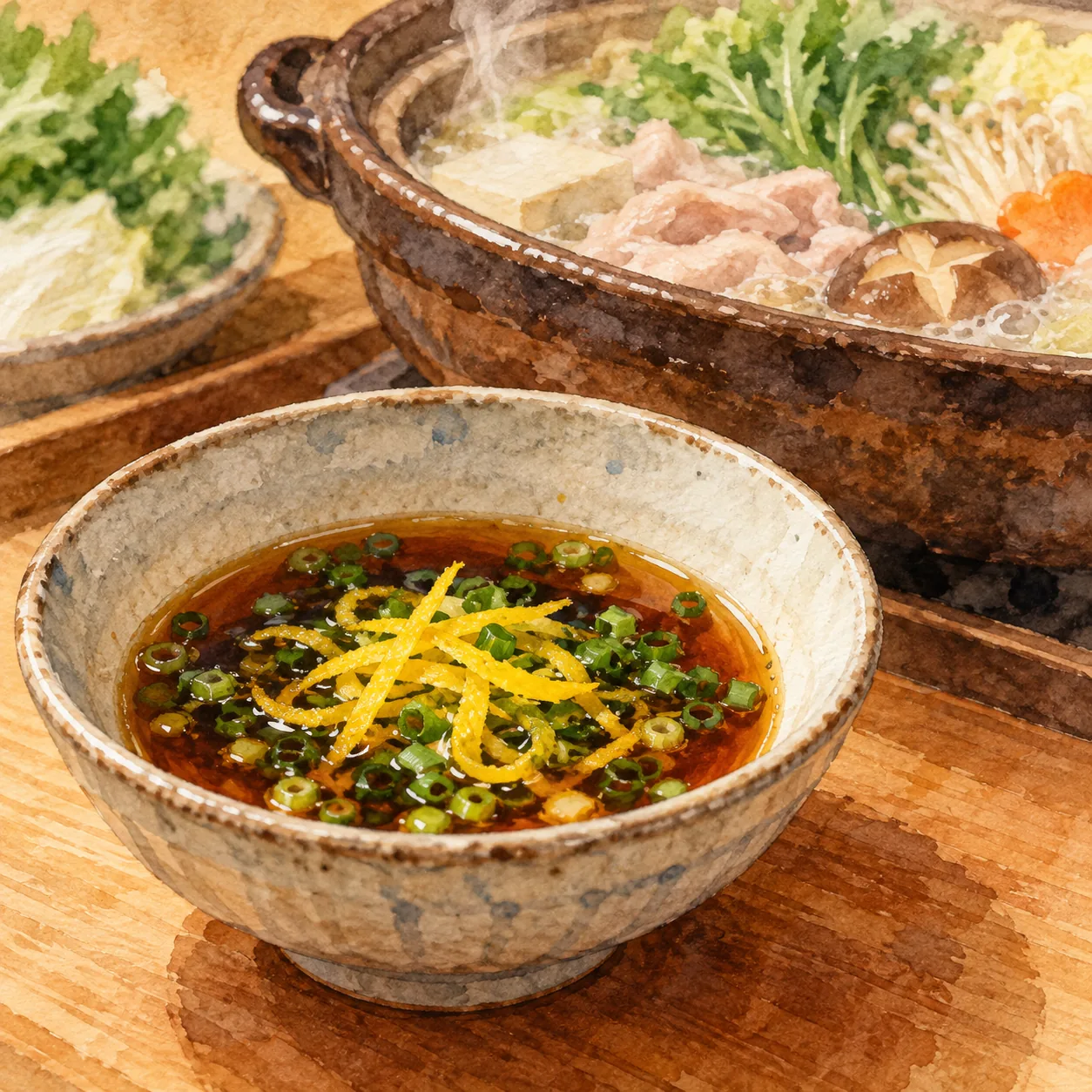 ぽん酢の入った小鉢に、ゆずの皮と刻みねぎが浮かび、奥に湯気の立つ鍋がある水彩イラスト
