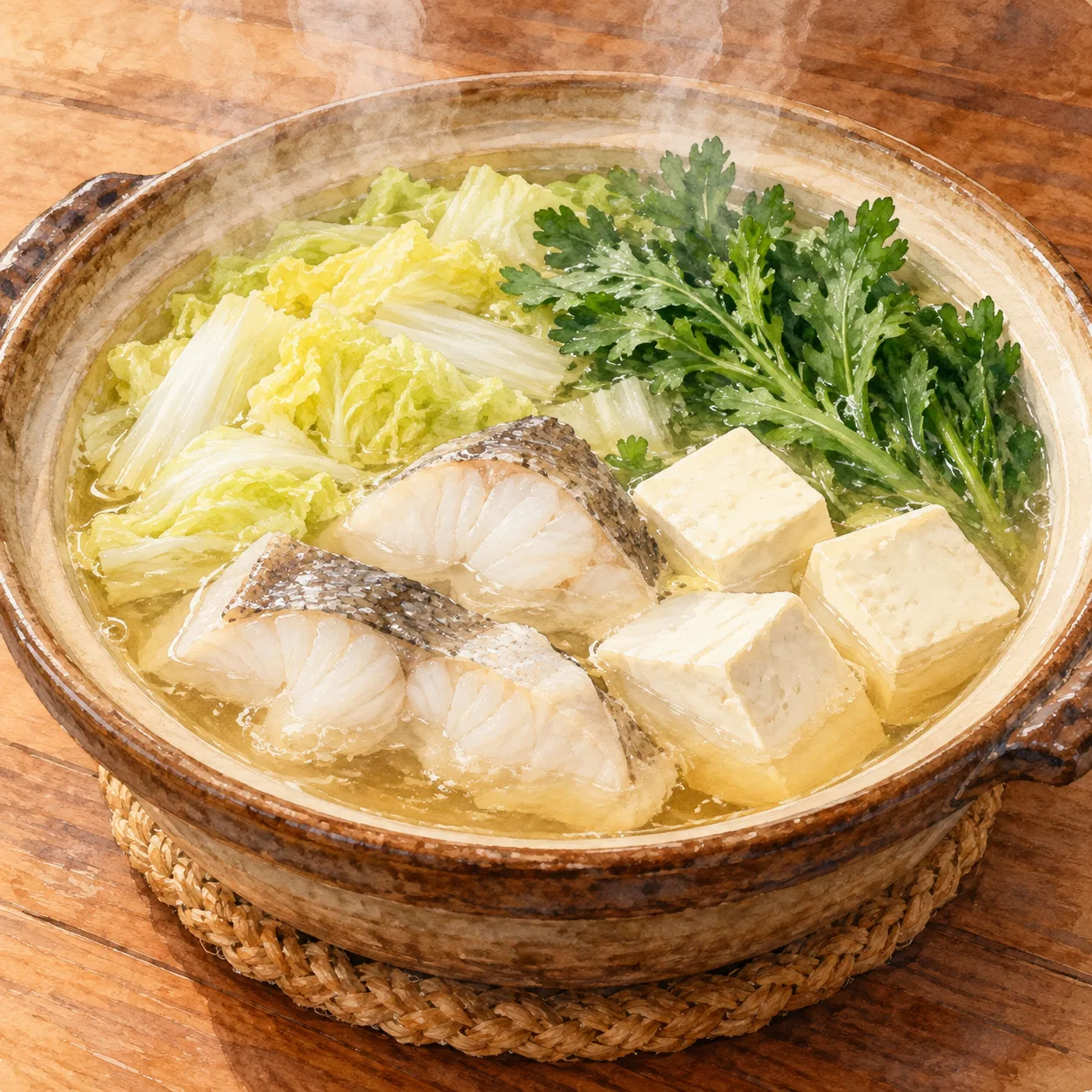 淡い琥珀色の透き通ったつゆの土鍋に、鱈の切り身、豆腐、白菜、春菊が煮えている水彩イラスト