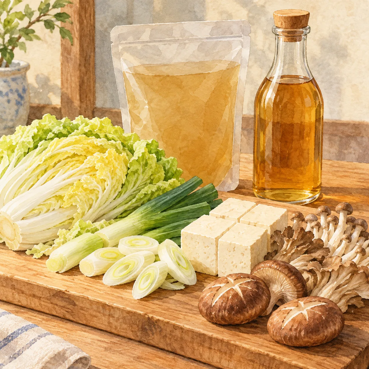 白菜、ねぎ、豆腐、きのこが並んだまな板の横に、鍋つゆの袋と瓶が置かれている水彩イラスト
