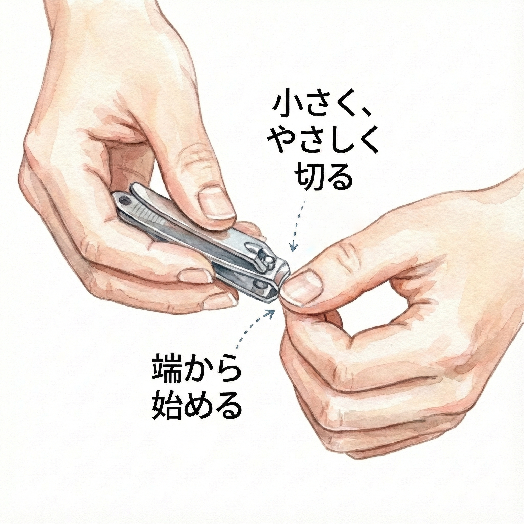 爪を端から少しずつ切る正しい方法と、保湿ケアのイラスト