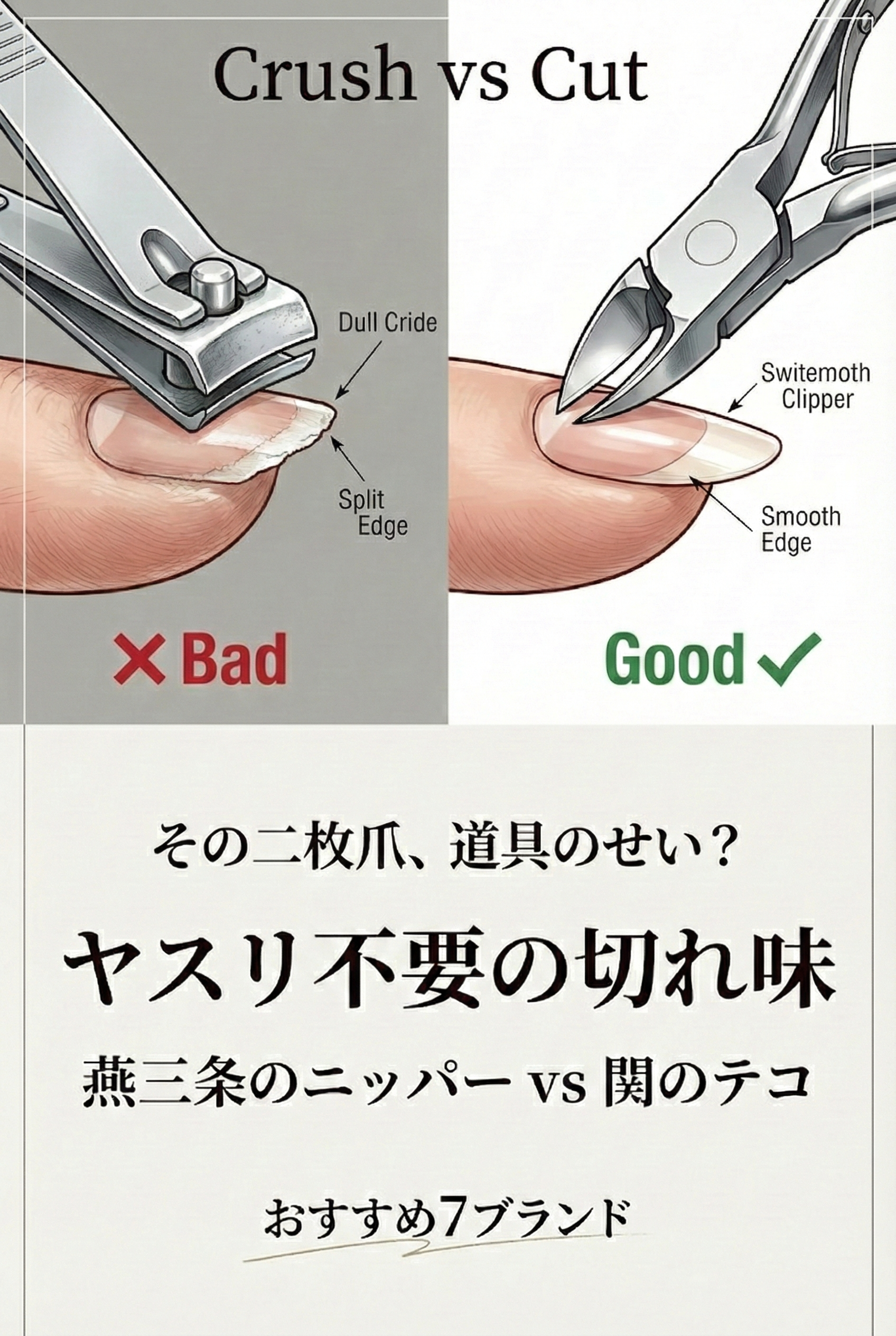 高級感のある桐箱に入ったニッパー型爪切りと、手入れされた美しい指先のイメージ