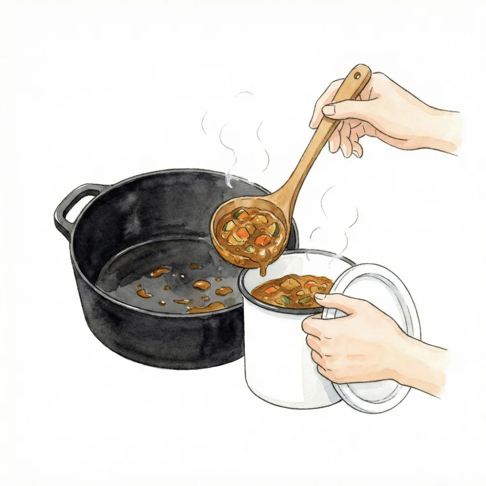 ダッチオーブンに残ったカレーを、お玉を使ってタッパーや別の鍋に移し替えているイラスト