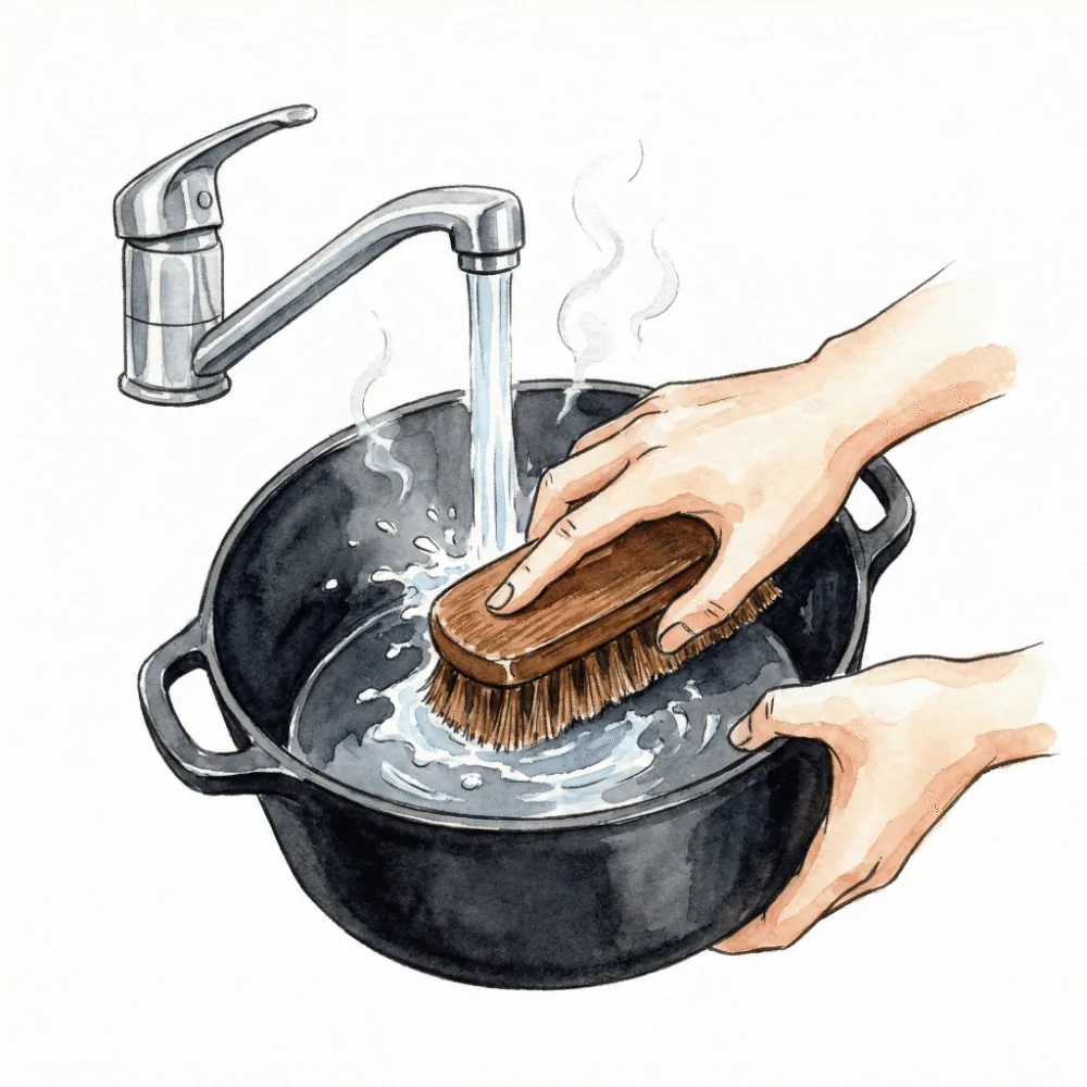 お湯を使ってタワシで鉄鍋を洗っている手元。洗剤の泡がなく、湯気が立っている様子