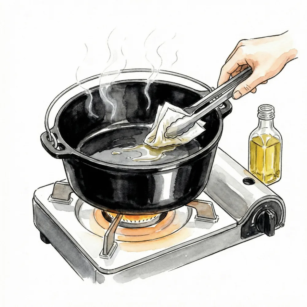 火にかけて乾かした鉄鍋に、トングとキッチンペーパーを使って油を塗り込んでいる様子